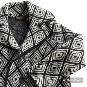 Heather B Women L Black White Geometric Diamond Wool Blend Cardigan Blazer Retro